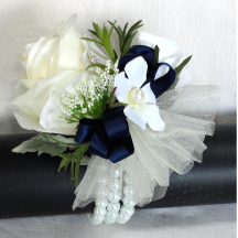 Ivory Wrist Corsage With Navy Bow